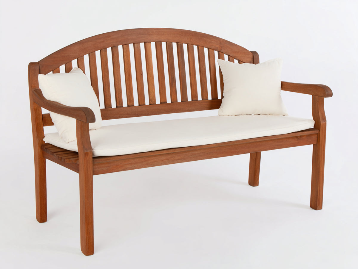 Bancos de jardín de madera 155 x 63 x 91 cm - marrón natural y blanco crema - respaldo curvo con reposabrazos y cojines