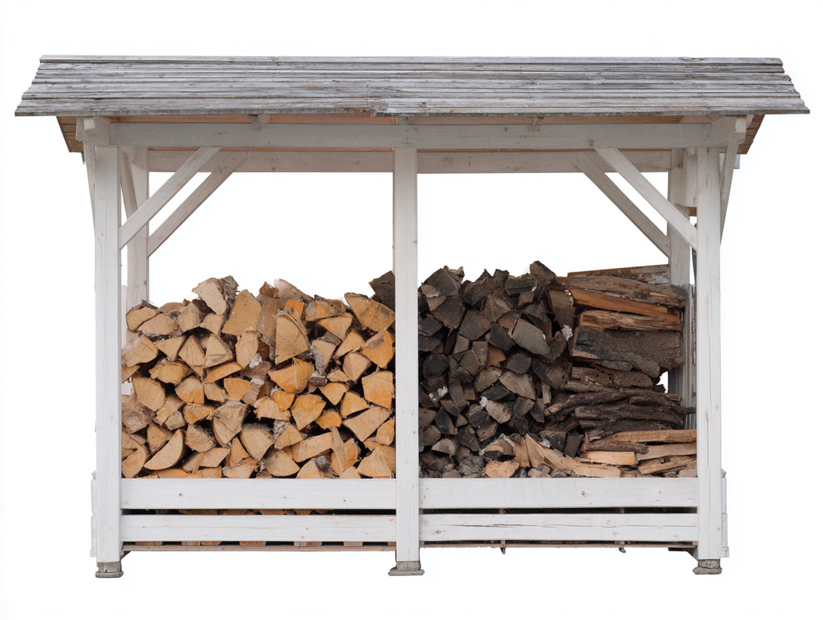 Leñero de exterior de madera 190x75x175 cm - Blanco y gris - Tejado inclinado con estructura abierta