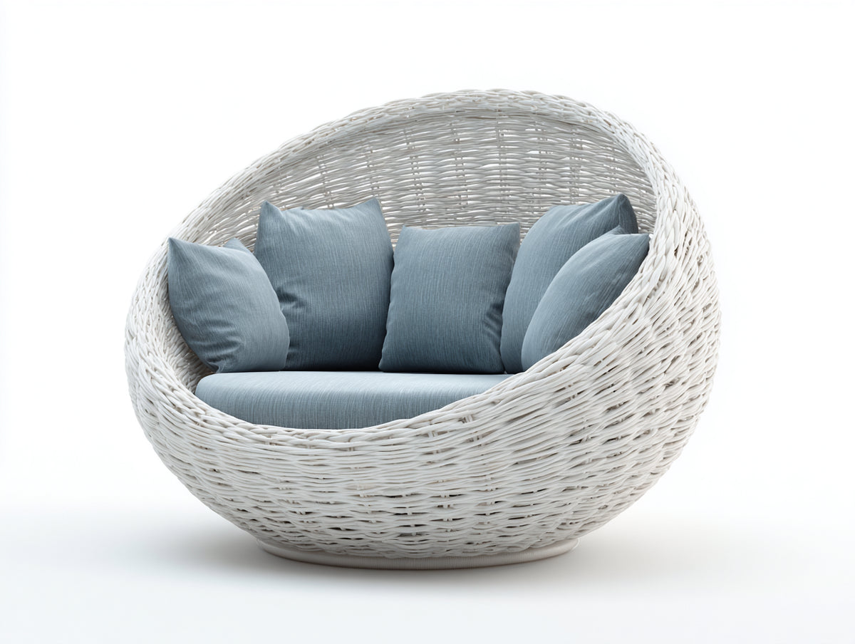 Sofás de exterior de ratán 150x90x95 cm - Blanco-Azul grisáceo - Diseño redondo envolvente para jardín