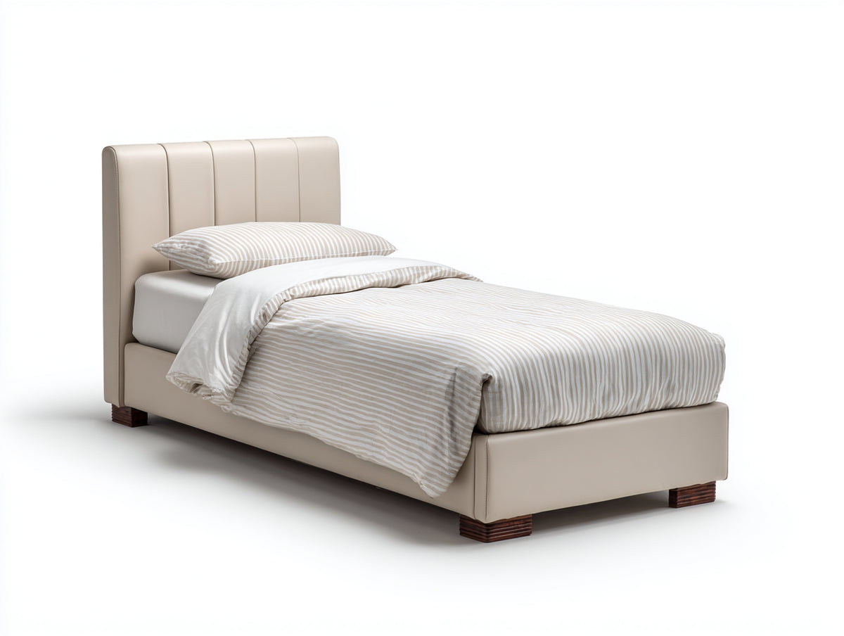 Cama individual tapizada 205 x 105 x 98 cm - Beige - cabecero acolchado con canales verticales