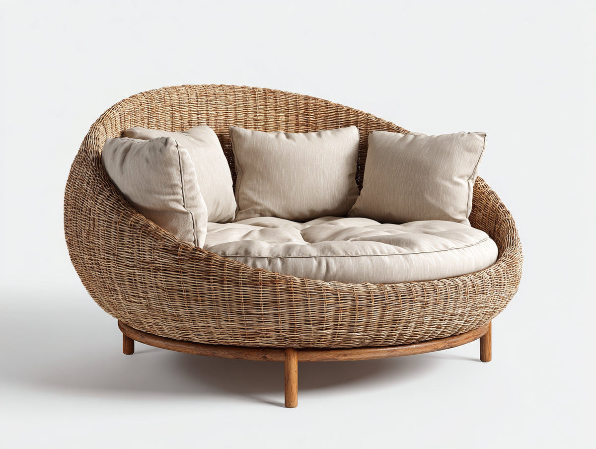 Sofás de exterior de ratán 175x150x88 cm - Marrón natural y beige - Diseño redondeado con asiento acolchado