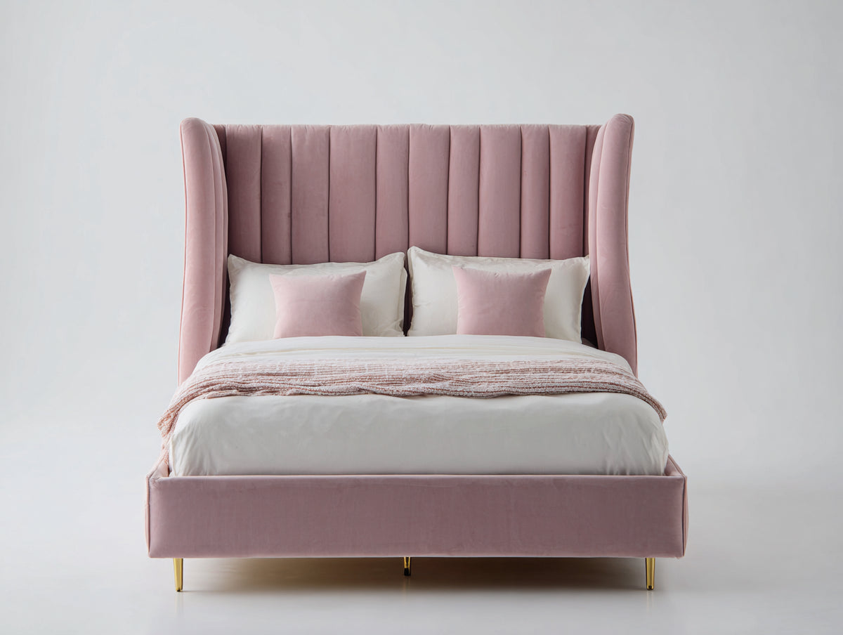 Camas dobles tapizadas 210x160x145 cm - Rosa-Blanco-Dorado - Diseño elegante con cabecero alto envolvente y patas metálicas