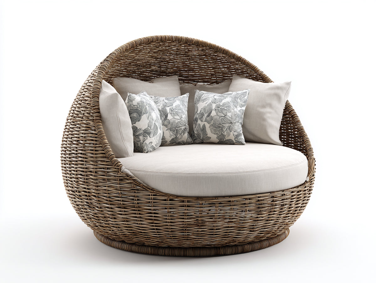 Sofá de exterior de ratán natural 160 x 150 x 145 cm - Marrón y beige - diseño redondo envolvente con asiento acolchado