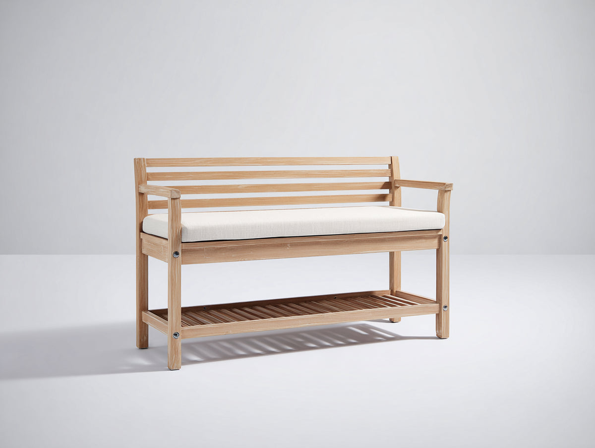 Bancos de jardín de madera 120x55x85 cm - Madera natural y blanco - Respaldo de listones con estante inferior