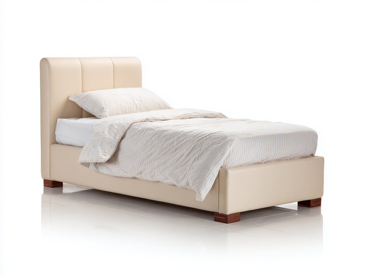 Camas individuales tapizadas 205x105x105 cm - Beige y madera oscura - Cabecero acolchado de paneles con diseño moderno