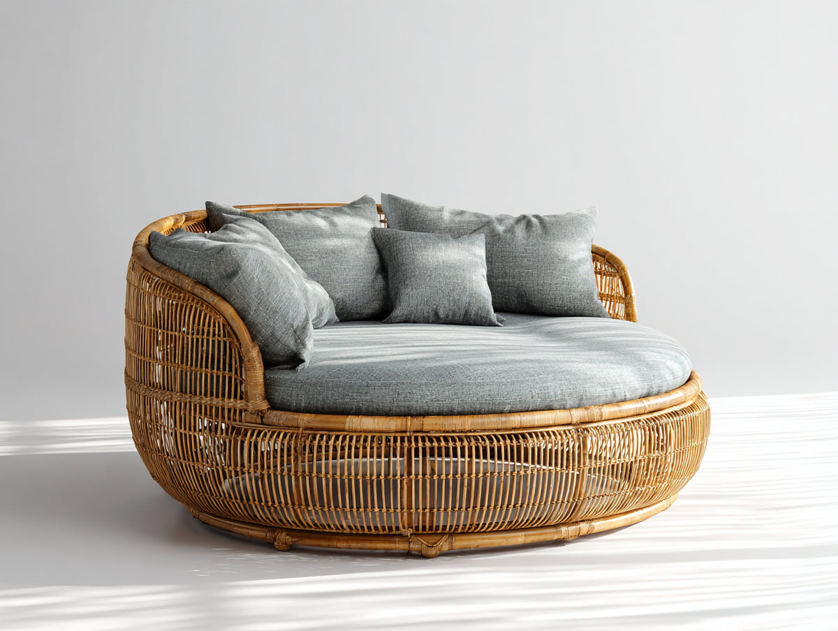 Sofás de exterior de ratán 180 x 170 x 90 cm - Marrón natural-gris - Diseño redondeado envolvente con asiento acolchado