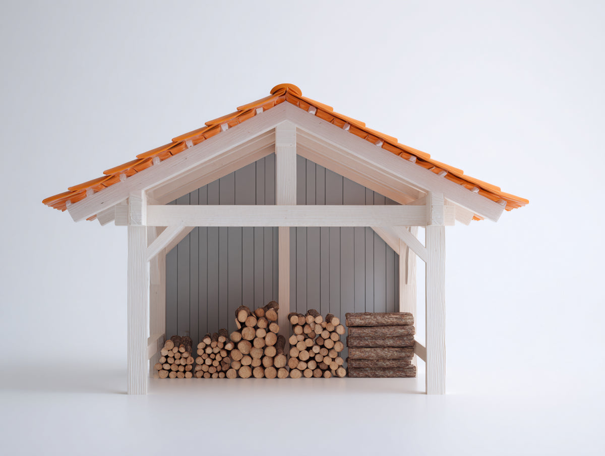 Leñero de exterior de madera maciza 180 x 80 x 190 cm - Blanco y gris - tejado a dos aguas con cubierta de tejas