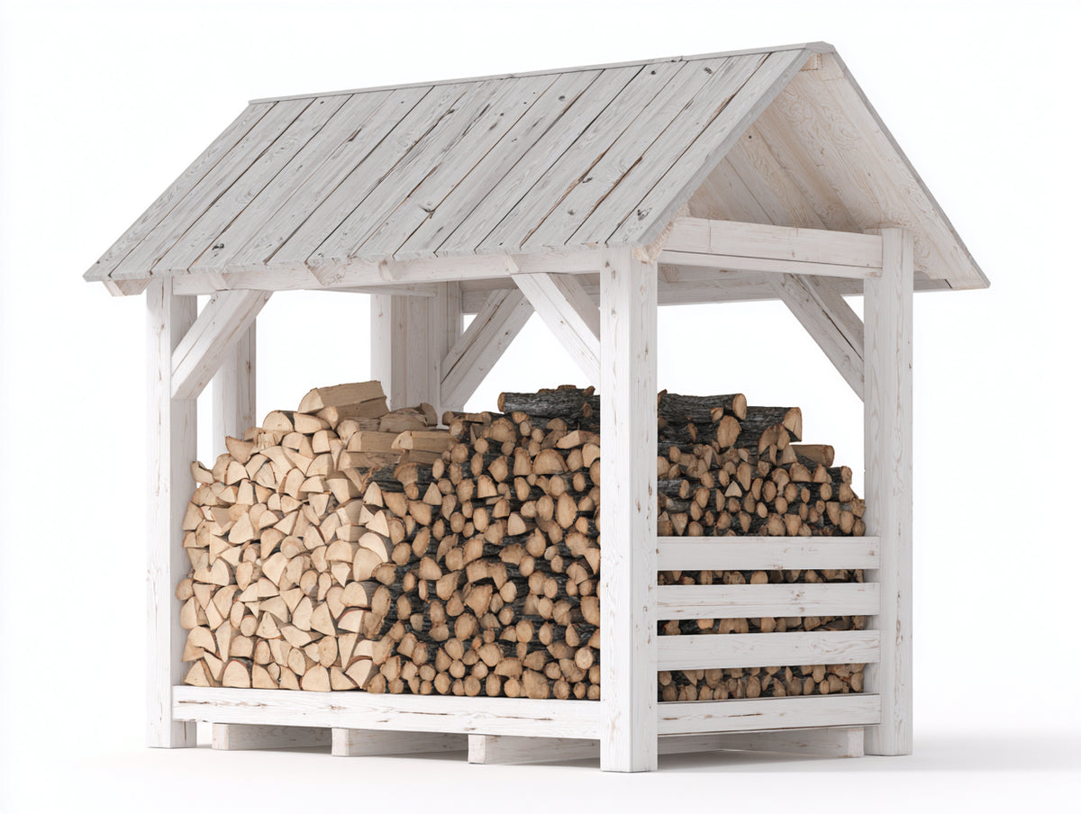 Leñero de exterior de madera maciza 170 x 85 x 180 cm - Blanco - tejado a dos aguas y laterales abiertos