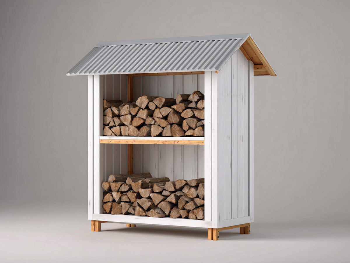 Leñero de exterior de madera 135 x 70 x 175 cm - blanco y gris - estructura de dos niveles con cubierta inclinada