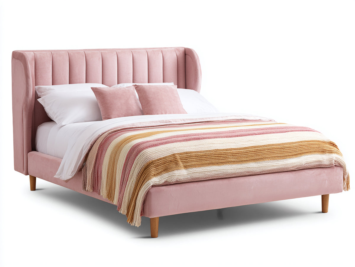 Cama doble tapizada 215 x 170 x 110 cm - Rosa - cabecero alto acanalado de diseño moderno