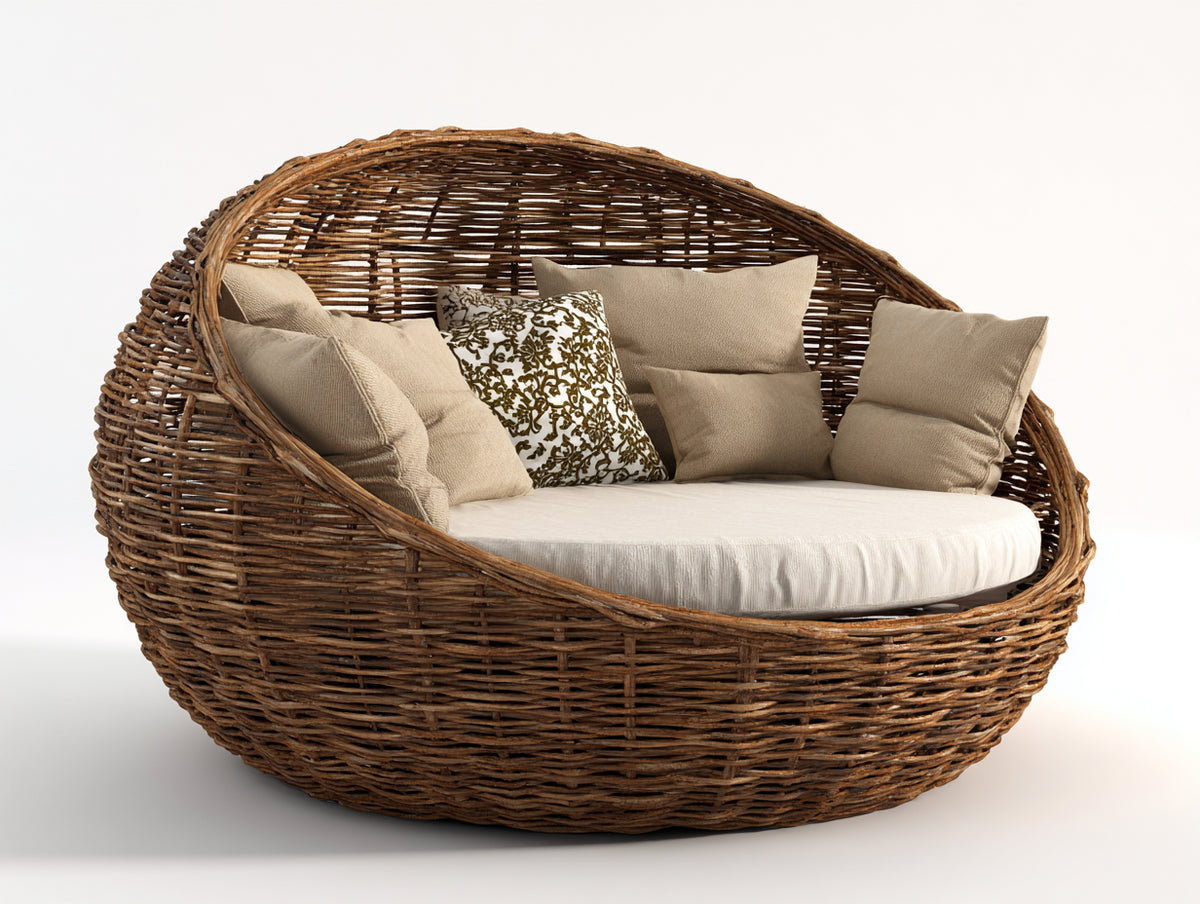 Sofá de exterior de ratán natural 175 x 150 x 105 cm - Marrón y beige - diseño envolvente con asiento acolchado