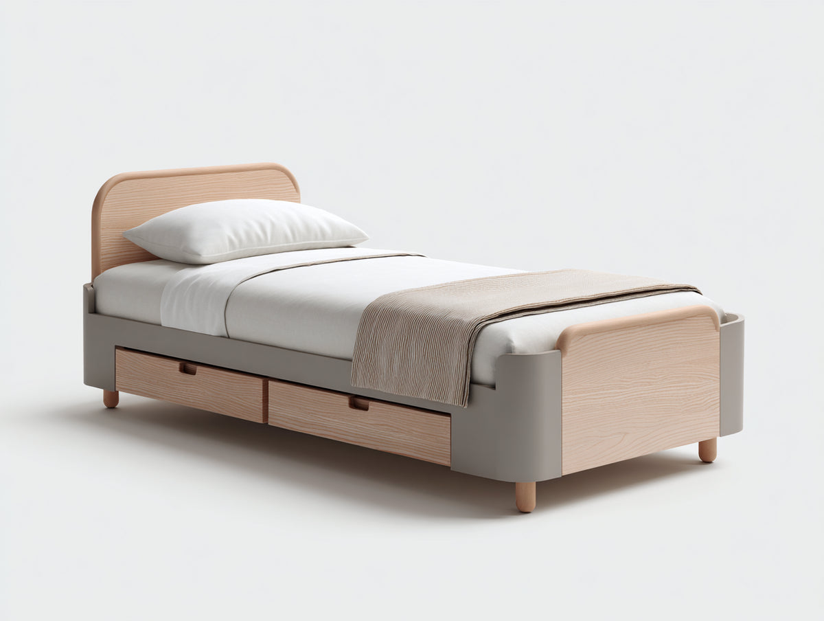 Camas individuales de madera 205 x 105 x 92 cm - Beige-marrón claro - Diseño moderno con 2 cajones de almacenamiento