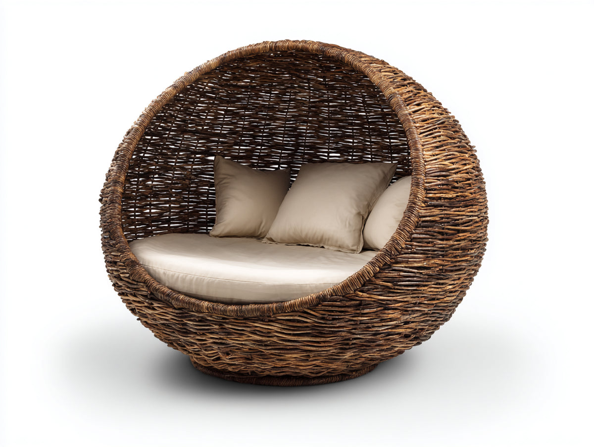 Sofás de exterior de ratán 145 x 100 x 135 cm - marrón natural y beige claro - diseño envolvente con asiento acolchado