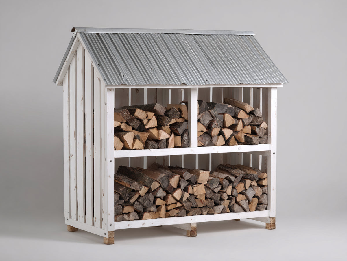 Leñero de exterior de madera 130 x 65 x 175 cm - Blanco-gris - Diseño vertical con tejado a dos aguas y 2 niveles de almacenamiento