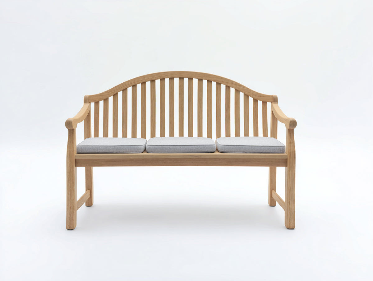 Bancos de jardín de madera 150 x 62 x 92 cm - madera natural y gris claro - respaldo curvo con reposabrazos y cojines