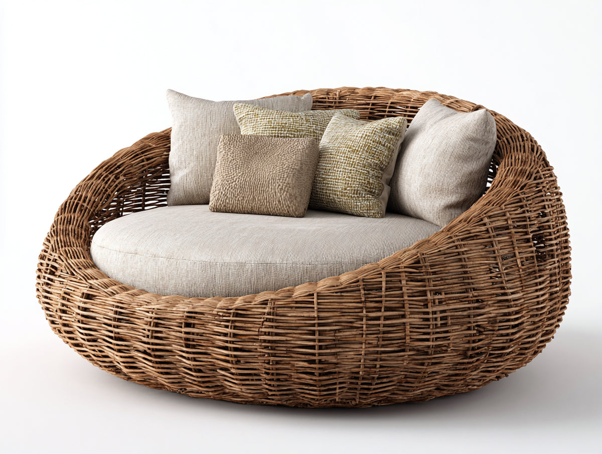 Sofás de exterior de ratán 160x145x82 cm - Marrón natural y beige - Diseño redondeado con asiento acolchado