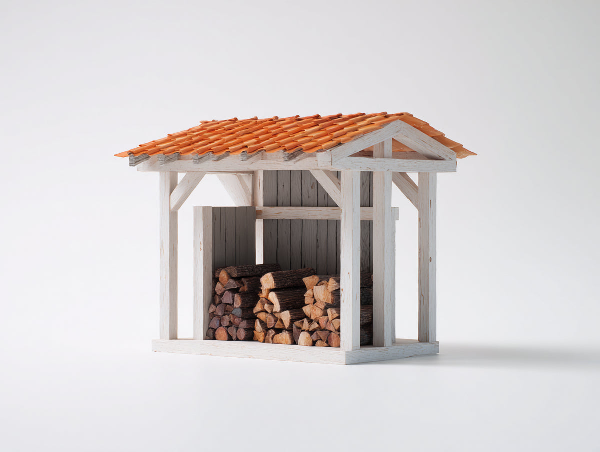Leñero de exterior de madera 120 x 70 x 150 cm - Blanco-naranja - Diseño cubierto con tejado inclinado y almacenamiento abierto