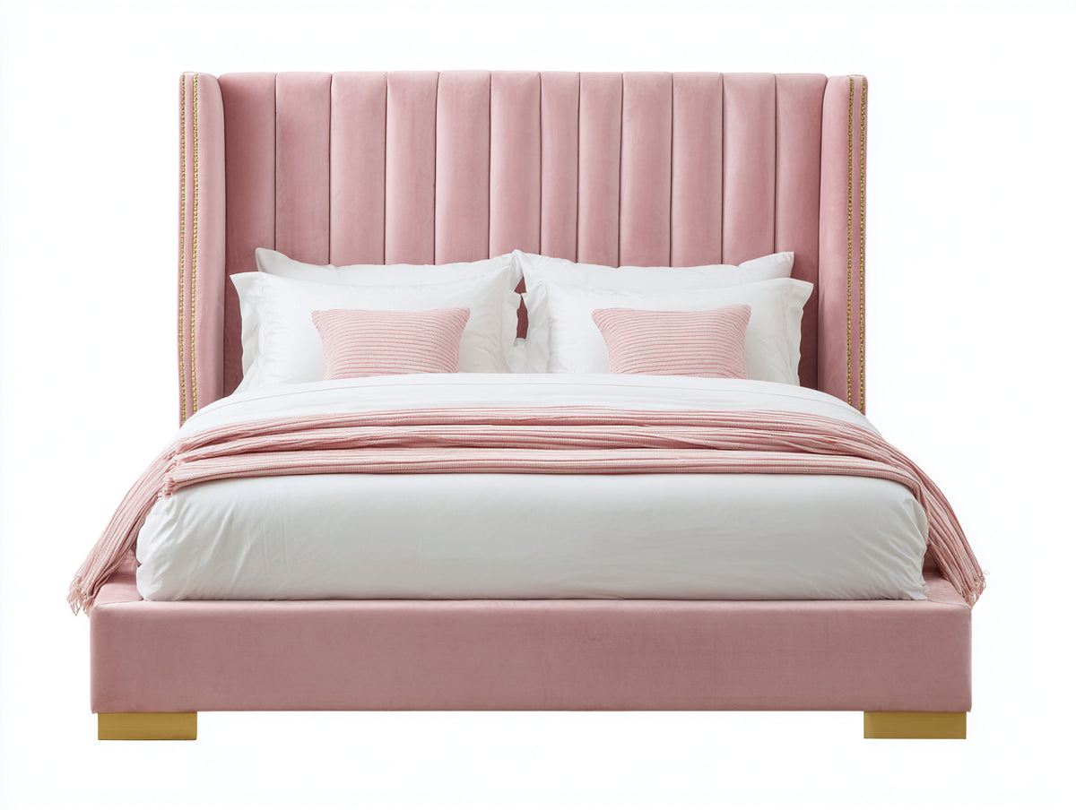 Camas dobles tapizadas 212 x 180 x 135 cm - rosa claro y dorado - cabecero alto acanalado con laterales envolventes