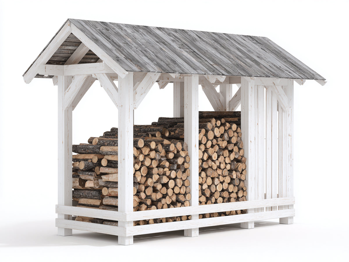 Leñero de exterior de madera 180 x 80 x 180 cm - blanco envejecido y gris - estructura cubierta con tejado inclinado